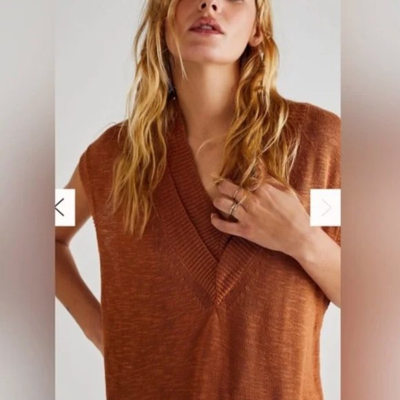 Free People Hannah Oversized Tunic Sweater Vest Knit Bronze V-Neck Size XS - Picture 2 of 9